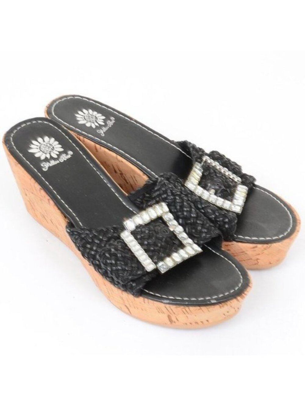 Yellow Box Women's 8 Chunky Rhinestone Buckle Vegan Leather Cork Wedge Slides